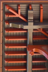 Polychrome wood eave detail with copper gutter. Historic preservation, United Methodist Church.