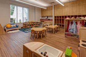 Good Shepherd Episcopal School education building includes multi-use rooms, designed by Heimsath Architects.