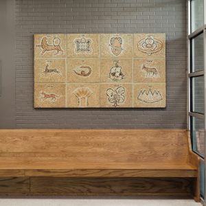 Mid-Century mosaic art depicting 12 Tribes of Israel is featured in renovation of social hall for worship.