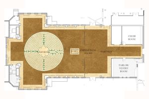 Flexible church floorplan with labyrinth shaped with floor tiles. Holy Trinity Episcopal by Heimsath Architects.