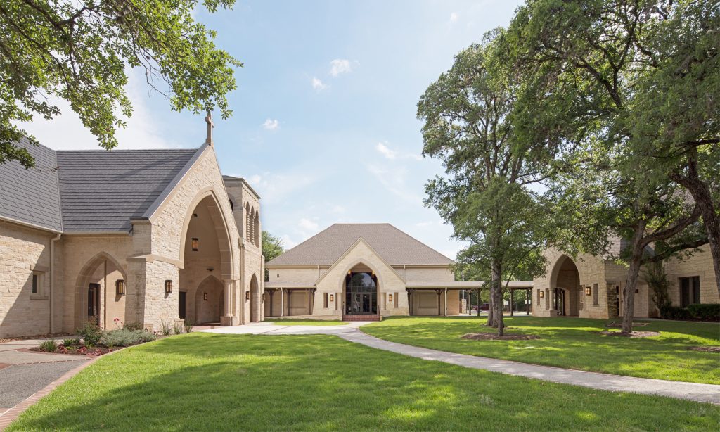 Multiple building phases originated from our original master plan. New narthex and bell tower completed the courtyard concept.