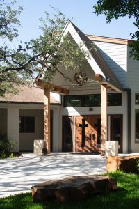 New entry canopy adds elegant focus on existing church front door. Renovations for Shepherd of the Hills Lutheran Church.