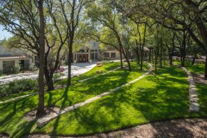 Outdoor worship space and welcome gathering courtyard is shaped by a terraced landscape under exiting trees.
