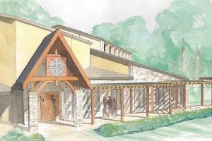 Watercolor rendering of entryway was critical for congregation to embrace renovation plans.