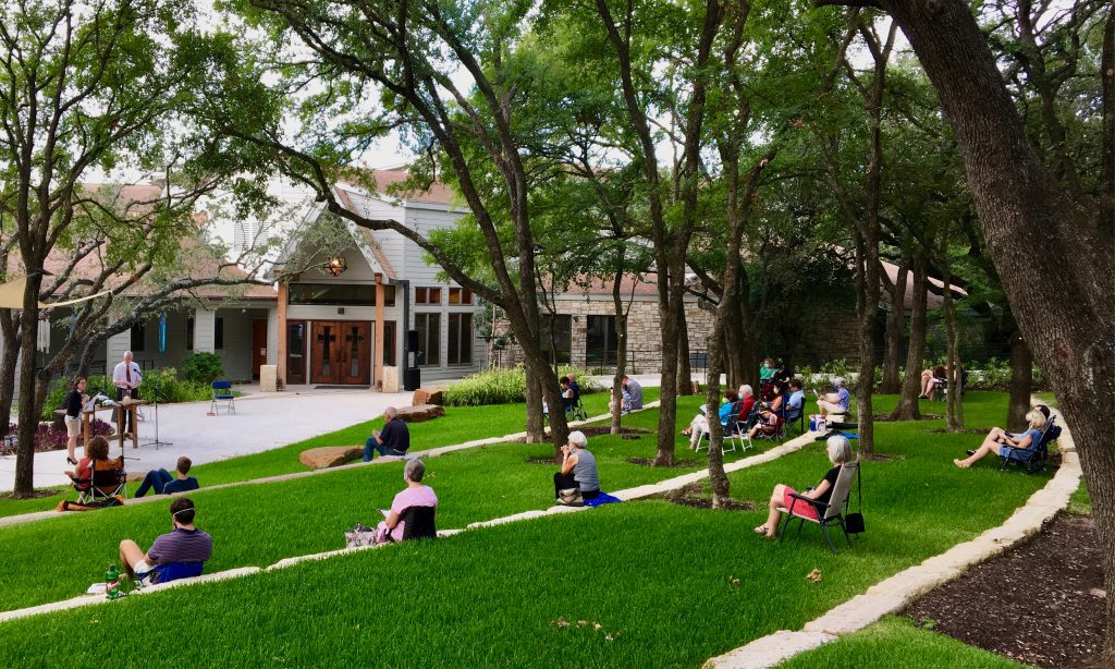 Landscaped entry plaza doubles as outdoor worship space during COVID. Shepherd of the Hills Lutheran Church.