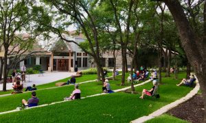 Landscaped entry plaza doubles as outdoor worship space during COVID. Shepherd of the Hills Lutheran Church.