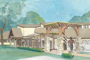 Entry trellis inspired by traditional church lychgate. Watercolor rendering for Shepherd of the Hills Lutheran Church.