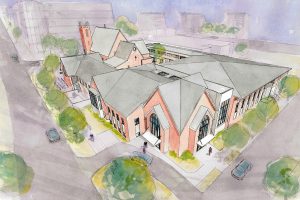 Watercolor rendering of historic urban church block featuring new lobby addition by Heimsath Architects.