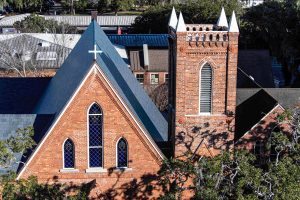 Restored historic church steeple. Historic preservation with replacement roof and repointed masonry, St. John’s Episcopal, Tallahassee.
