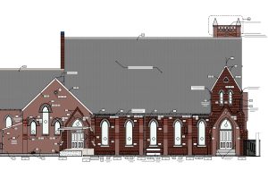 Architectural drawing depicting extent of repairs for historic preservation project. St. John’s Episcopal Church.