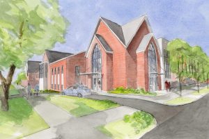 Rendering in watercolor of church foyer proposal. St. John’s Episcopal by Heimsath Architects.