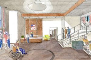 Rendering in watercolor of proposed church lobby for urban ministry. Masterplan by Heimsath Architects.