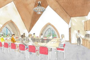 Proposed vestry room watercolor. Church masterplan for urban ministry by Heimsath Architects.