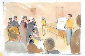 Watercolor image featuring presenter standing in front of an attentive group. From a series by Heimsath Architects featuring people working together in committees.