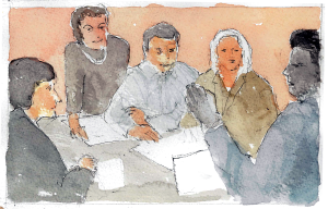 Watercolor image with a standing discussion leader presenting to a group seated around a table. From a series by Heimsath Architects featuring people working together in committees.