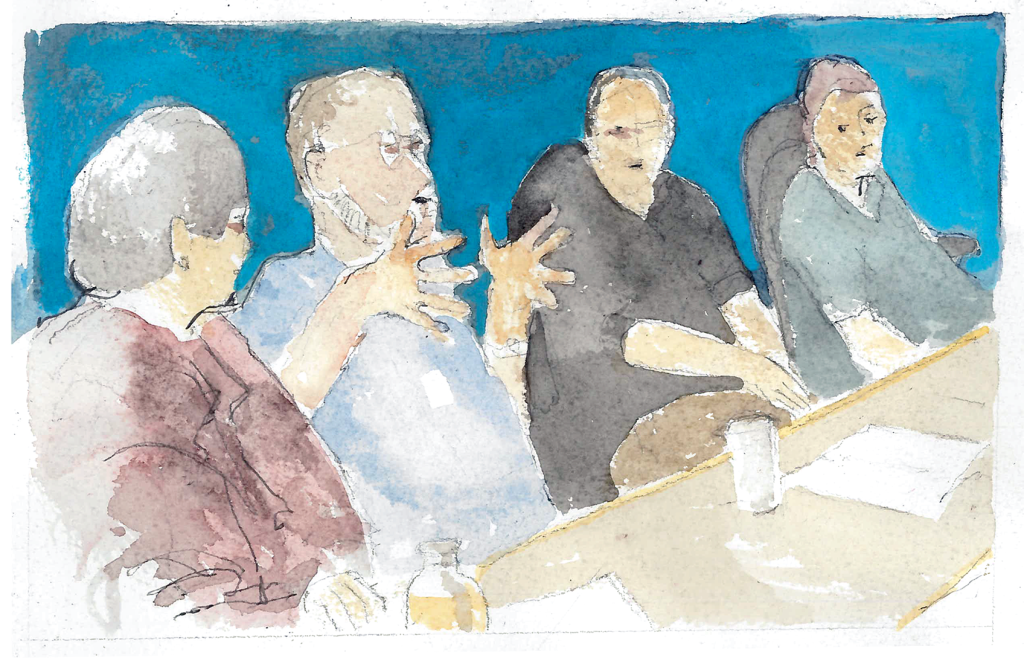 Watercolor image featuring a man with raised hands is explaining his ideas to the group. From a series by Heimsath Architects featuring people working together in committees.