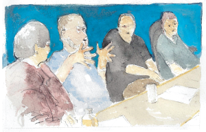 Watercolor image featuring a man with raised hands is explaining his ideas to the group. From a series by Heimsath Architects featuring people working together in committees.